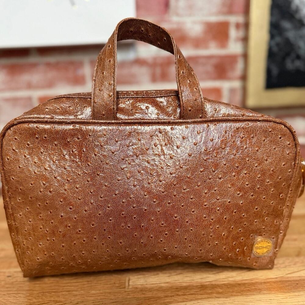 Brown Faux‎ Ostrich Leather Top Handle Handbag Structured Satchel Womens Purse